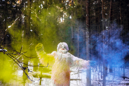 Yeti fairy tale character in winter forest. Outdoor fantasy photo.の写真素材