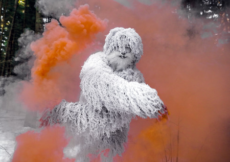 Yeti fairy tale character in winter forest. Outdoor fantasy photo.の写真素材