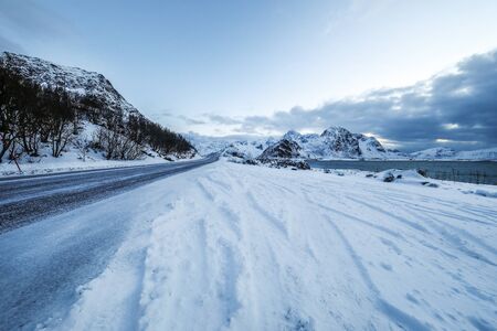 Mountain Norway road and scenic landscape of Lofoten islands.の写真素材