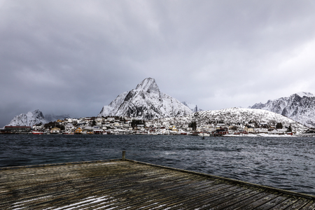 Old pier in traditional fishing settlements of Lofoten islands. Beautiful Norway landscape.の写真素材