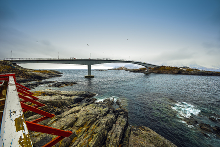 Long road bridge. Beautiful Norway landscape. Lofoten islands.の写真素材