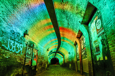 UTRECHT, NETHERLANDS - MAY 28, 2017: Multicolor tunnel illumination in Utrecht city. May 28, 2017 in Utrecht, Netherlands.のeditorial素材
