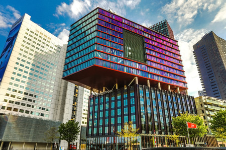 ROTTERDAM, NETHERLANDS - MAY 17, 2017: Modern buildings city architecture close-up design elements at day time. May 17, 2017 in Rotterdam - Netherlands.のeditorial素材