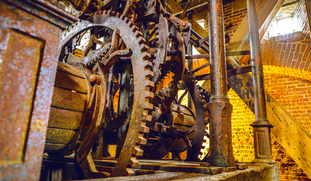 AMSTERDAM, NETHERLANDS - MAY 24, 2017:  Ancient iron mechanism for triggering bells in the tower. May 24, 2017 in Amsterdam - Netherlands.のeditorial素材