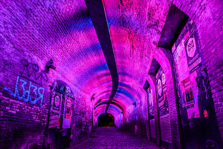 UTRECHT, NETHERLANDS - MAY 28, 2017: Multicolor tunnel illumination in Utrecht city. May 28, 2017 in Utrecht, Netherlands.の写真素材