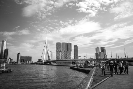 ROTTERDAM, NETHERLANDS - MAY 17, 2017: General view of Rotterdam city landscape and Erasmus bridge one of the most famous symbols of the city. On May 17, 2017 in Rotterdam - Netherlands.のeditorial素材
