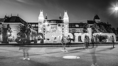 AMSTERDAM, NETHERLANDS - MAY 28, 2017: General view of famous places in Amsterdam city at twilight time. May 28, 2017 in Amsterdam - Netherlands.のeditorial素材