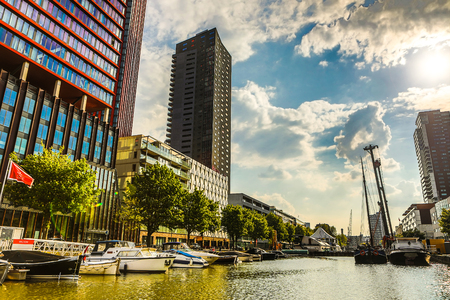 ROTTERDAM, NETHERLANDS - MAY 17, 2017: Modern buildings city architecture close-up design elements at day time. May 17, 2017 in Rotterdam - Netherlands.のeditorial素材