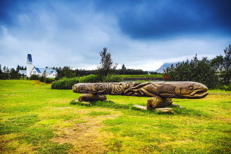 REYKJAVIK, ICELAND - AUGUST 29, 2017: Famous old sculpture of Iceland. Reykjavik, Iceland - August 29.のeditorial素材