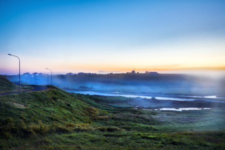 Scenic Icelandic morning landscape with mystical haze.の写真素材