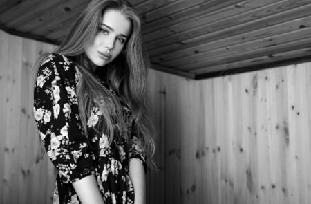 Elegant young beauty woman close-up black-white portrait.の写真素材