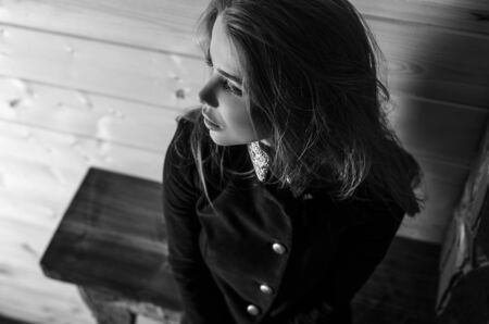 Elegant young beauty woman close-up black-white portrait.の写真素材