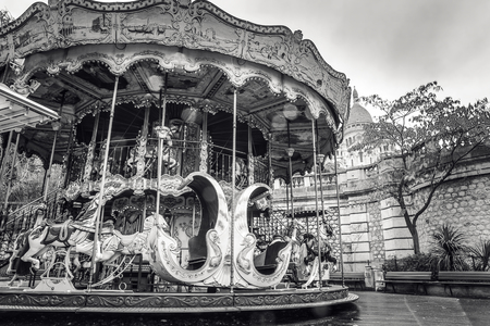 View from Montmartre to autumn rainy Paris. Black-white photo.の写真素材