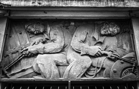 PARIS, FRANCE - NOVEMBER 11, 2017: Famous city sculpture sight and ancient architecture of Paris at rainy autumn evening. Black-white photo on Paris, France in November 11,  2017のeditorial素材