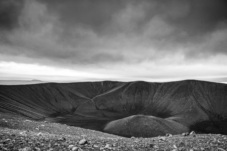 Volcanic fields covered with lava and rock. Black-white photo.の写真素材