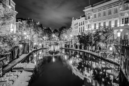Canals and embankments of Utrecht. Black-white photo.の写真素材