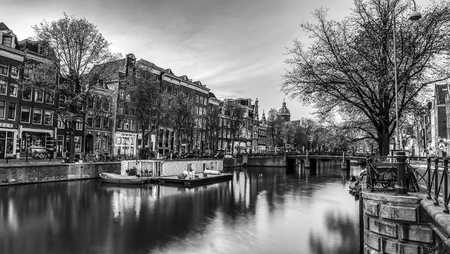 Ð¡anals and embankments of Amsterdam city. Black-white photo.の写真素材