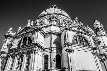 VENICE, ITALY - AUGUST 19, 2016: Famous architectural monuments and facades of old medieval buildings black-white photo. on August 19, 2016 in Venice, Italy.のeditorial素材