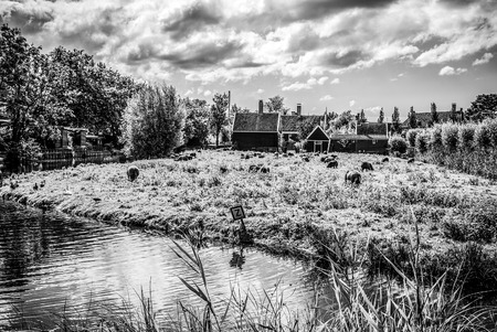 Beautiful traditional Dutch landscape, channels and buildings.の写真素材