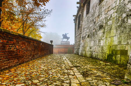 General view of Wawel Castle in misty morning. Residency located in central KrakÃ³w, Poland. For centuries residence of kings and the symbol of Polish statehood.のeditorial素材