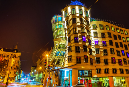 PRAGUE, CZECH REPUBLIC - OCTOBER 21, 2018: Dancing House or Fred and Ginger. Non-traditional design among the Baroque, Gothic and Art Nouveau buildings for which Prague is famous.のeditorial素材