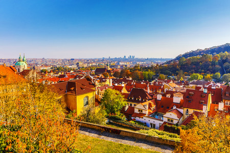 Top view of Prague. Autumn city at sunny evening.のeditorial素材