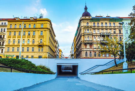 Traditional Czech architecture of antique Prague buildings at autumn.のeditorial素材