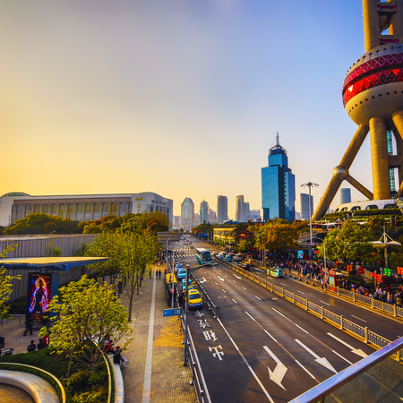 SHANGHAI, Ð¡HINA - APRIL 03, 2019: Modern central streets of Shanghai and high-rise buildings.
