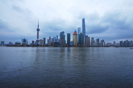 SHANGHAI, Ð¡HINA - APRIL 02, 2019: Heart of Shanghai - popular view of high-rise buildings from Vaytan embankment.のeditorial素材