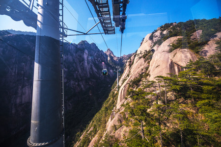 SHANGHAI, Ð¡HINA - APRIL 03, 2019: Inside cable car in Yellow Mountains Huangshan, Anhui Province in China.のeditorial素材