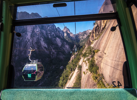 SHANGHAI, Ð¡HINA - APRIL 03, 2019: Inside cable car in Yellow Mountains Huangshan, Anhui Province in China.のeditorial素材