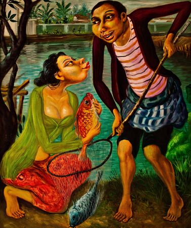 INDONESIA, BALI - JANUARY 20, 2011: Traditional Picture Painting by Indonesian Masters Close-up.のeditorial素材