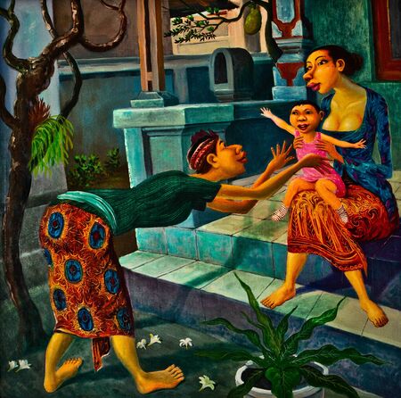 INDONESIA, BALI - JANUARY 20, 2011: Traditional Picture Painting by Indonesian Masters Close-up.のeditorial素材