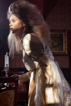 Victorian stylized fashion model in antique interior.