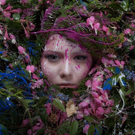 Female portrait in fairy tale stylisation surrounded with natural plants and flowers.の写真素材