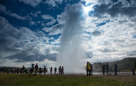 REYKJAVIK, ICELAND - AUGUST 29, 2017: Icelandic geyser vapors and picturesque nature.のeditorial素材