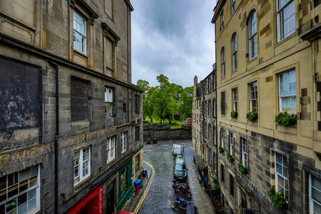 EDINBURGH, UNITED KINGDOM - MAY 30, 2019: Famous central streets and buildings of Edinburgh - the...