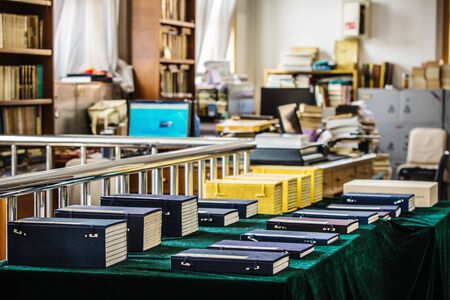 BEIJING, Ð¡HINA - JUNE 01, 2019: Traditional Chinese library with shelves of old and modern books.