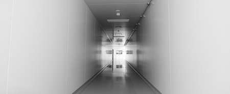 BEIJING, CHINA - JUNE 03, 2019: Tunnel black-white corridor of modern empty hospital.のeditorial素材