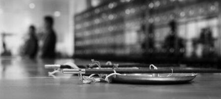 Vintage traditional pharmacy scales kettlebell black-white photo.の写真素材
