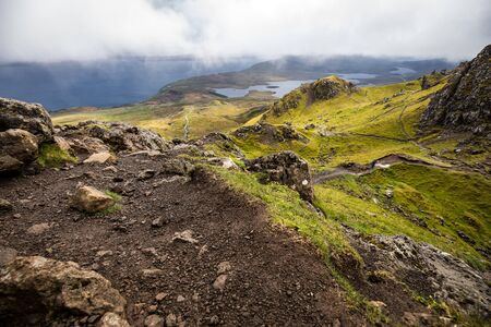 Old Man of Storr on the Isle of Skye in Scotland. Mountain landscape with foggy clouds.の写真素材