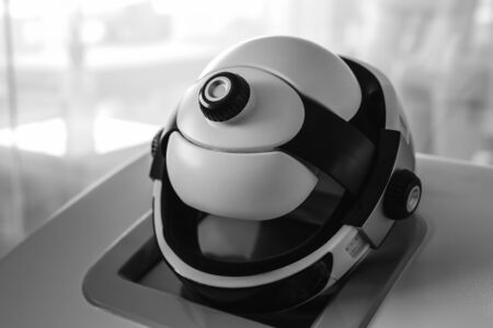 Innovative modern helmet for medical diagnostics black-white photoの写真素材