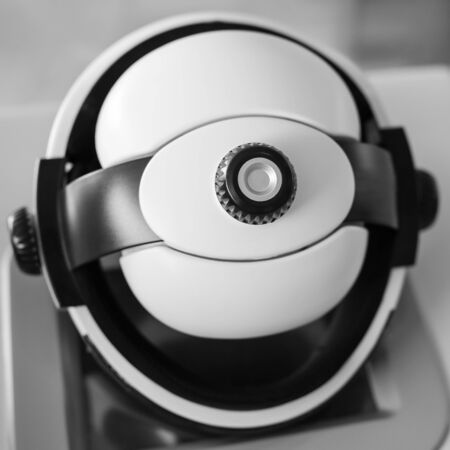 Innovative modern helmet for medical diagnostics black-white photoの写真素材