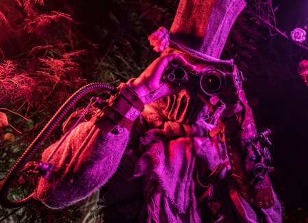Futuristic character cyborg stalker. Art Photography in steampunk style.