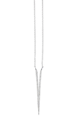 A beautiful diamond and white gold "v" pendant dangles from a chain. Fine Jewelry necklace isolated on a white background with shadow and reflectionの写真素材