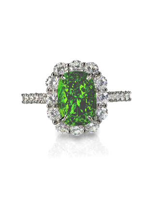 Emerald diamond helo engagment cocktail ring isolated on whiteの写真素材