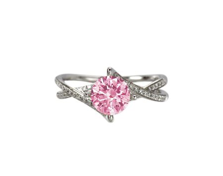 pink diamond wedding engagement ring isolated on whiteの写真素材