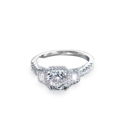 Beautiful diamond wedding ring set with multiple diamonds within a gold or platinum settingの写真素材