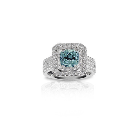 Blue Topaz Aquamarine Beautiful Diamond Engagment ring. Gemstone square princess cut surrounded by two halo of diamonds.の写真素材