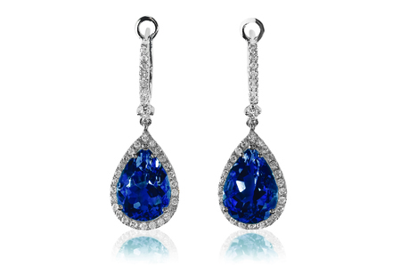 Beautiful Diamond blue sapphire gemstone cushion cut pear shape teardrop drop dangle diamond earrings.の写真素材
